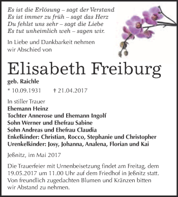 Traueranzeige von Elisabeth Freiburg von WVG - Wochenspiegel Bitterfeld