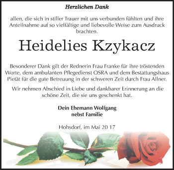 Traueranzeige von Heidelies Kzykacz von Mitteldeutsche Zeitung Köthen
