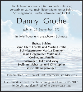 Traueranzeige von Danny Grothe von WVG - Wochenspiegel NMB / WSF / ZTZ