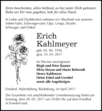 Traueranzeige von Erich Kahlmeyer von Mitteldeutsche Zeitung Sangerhausen