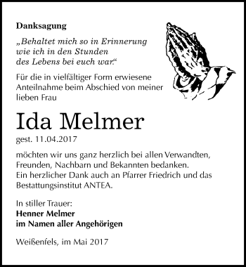 Traueranzeige von Ida Melmer von Mitteldeutsche Zeitung Weißenfels