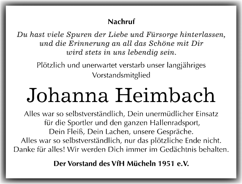  Traueranzeige für Johanna Heimbach vom 24.05.2017 aus Mitteldeutsche Zeitung Merseburg/Querfurt