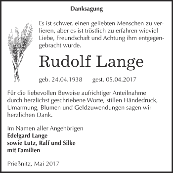 Traueranzeige von Rudolf Lange von WVG - Wochenspiegel NMB / WSF / ZTZ