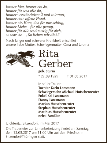 Traueranzeige von Rita Gerber von WVG - Wochenspiegel NMB / WSF / ZTZ