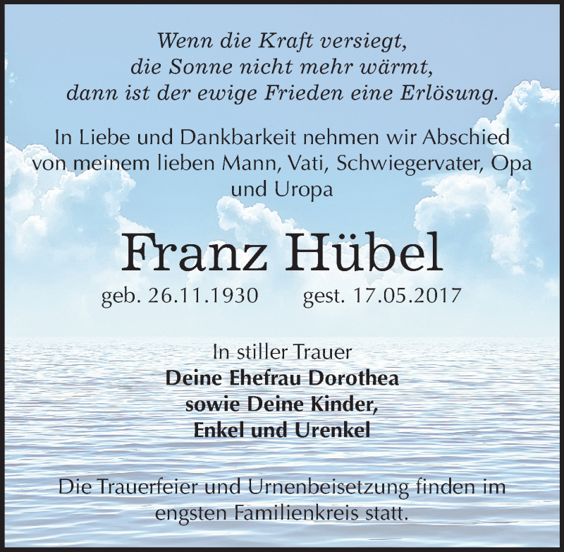  Traueranzeige für Franz Hübel vom 27.05.2017 aus Mitteldeutsche Zeitung Bitterfeld