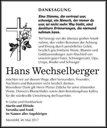 Traueranzeige von Hans Wechselberger von Mitteldeutsche Zeitung Mansfelder Land