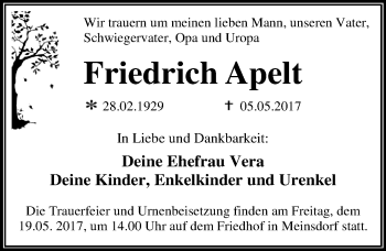 Traueranzeige von Friedrich Apelt von Mitteldeutsche Zeitung Dessau-Roßlau