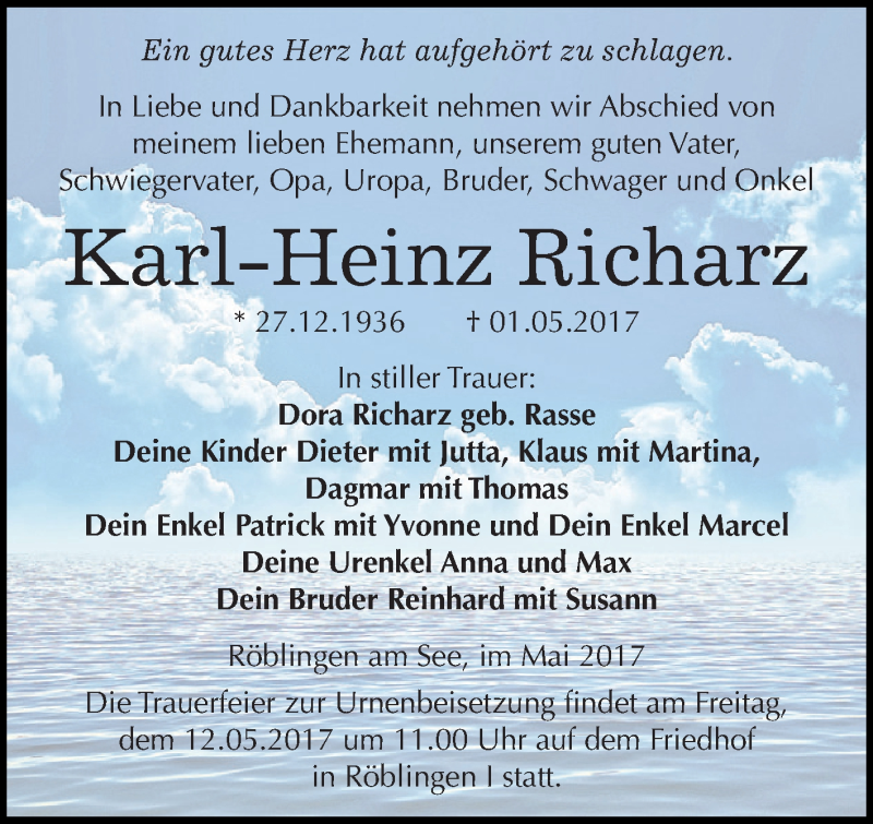  Traueranzeige für Karl-Heinz Richarz vom 06.05.2017 aus Super Sonntag SGH Mansf. Land