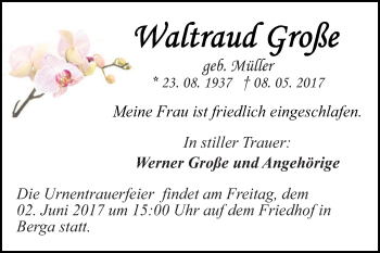 Traueranzeige von Waltraud Große von Super Sonntag SGH Mansf. Land