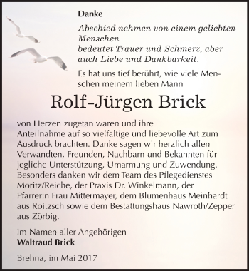 Traueranzeige von Rolf-Jürgen Brick von Mitteldeutsche Zeitung Bitterfeld