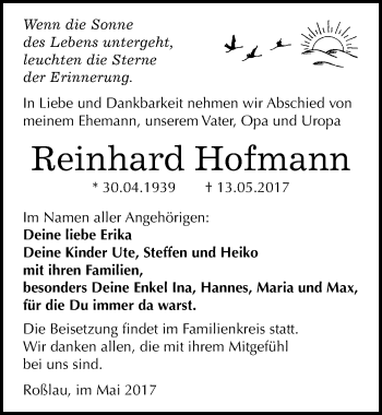 Traueranzeige von Reinhard Hofmann von Mitteldeutsche Zeitung Dessau-Roßlau