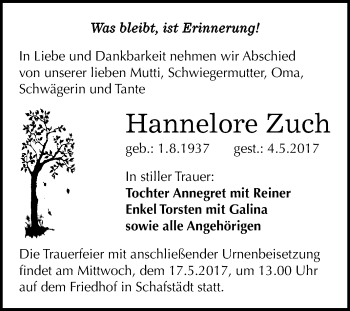 Traueranzeige von Hannelore Zuch von WVG - Wochenspiegel Merseburg