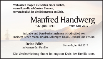 Traueranzeige von Manfred Handwerg von Mitteldeutsche Zeitung Quedlinburg