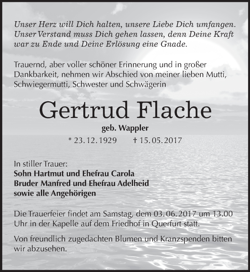 Traueranzeige für Gertrud Flache vom 22.05.2017 aus Mitteldeutsche Zeitung Merseburg/Querfurt