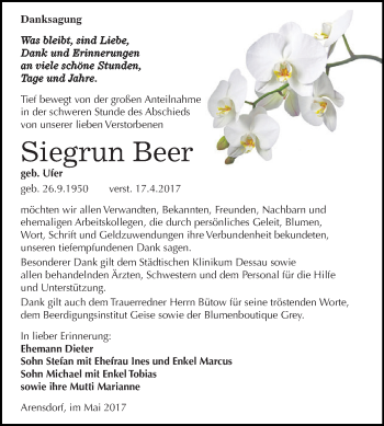 Traueranzeige von Siegrun Beer von WVG - Wochenspiegel Dessau / Köthen