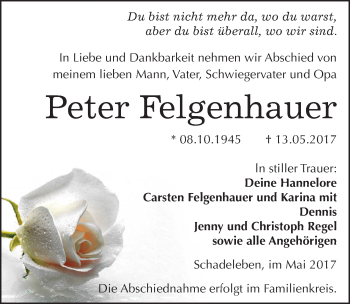 Traueranzeige von Peter Felgenhauer von Mitteldeutsche Zeitung Aschersleben