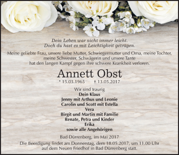 Traueranzeige von Annett Obst von Mitteldeutsche Zeitung Merseburg/Querfurt