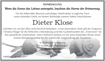 Traueranzeige von Dieter Klose von Wochenspiegel Mansfelder Land