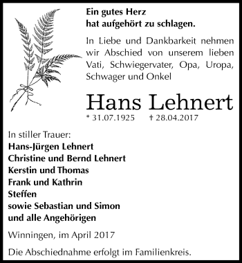Traueranzeige von Hans Lehnert von Mitteldeutsche Zeitung Aschersleben