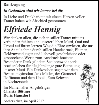 Traueranzeige von Elfriede Hennig von Super Sonntag Aschersleben