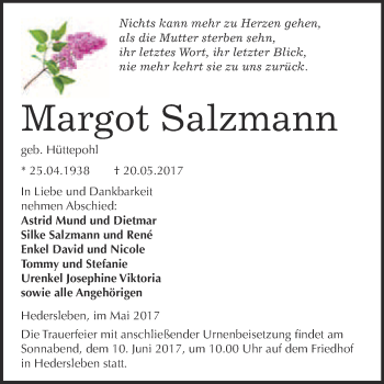 Traueranzeige von Margot Salzmann von WVG - Wochenspiegel Quedlinburg