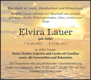 Traueranzeige von Elvira Lauer von WVG - Wochenspiegel Bitterfeld