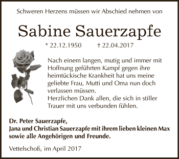 Traueranzeige von Sabine Sauerzapfe von Wochenspiegel Mansfelder Land