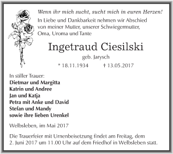 Traueranzeige von Ingetraud Ciesilski von Wochenspiegel Mansfelder Land