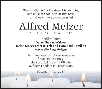 Traueranzeige von Alfred Melzer von Mitteldeutsche Zeitung Weißenfels