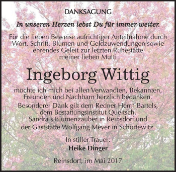 Traueranzeige von Ingeborg Wittig von Mitteldeutsche Zeitung Köthen