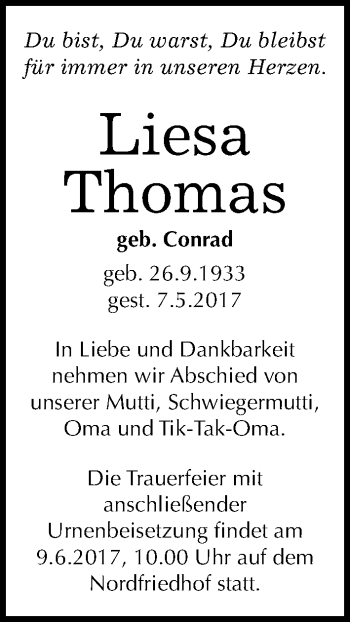 Traueranzeige von Liesa Thomas von Mitteldeutsche Zeitung Halle/Saalkreis