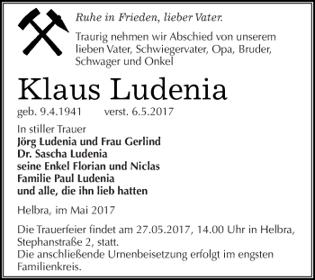 Traueranzeige von Klaus Ludenia von Wochenspiegel Mansfelder Land