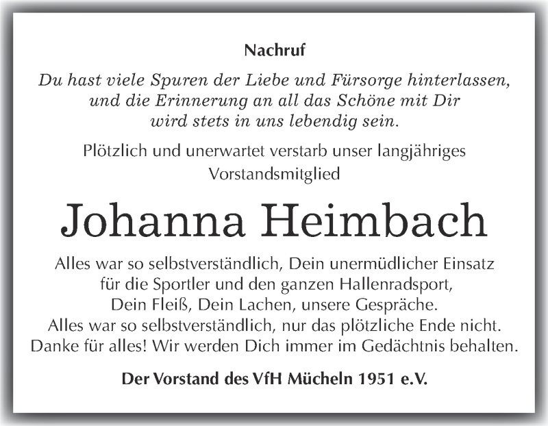  Traueranzeige für Johanna Heimbach vom 20.05.2017 aus WVG - Wochenspiegel Merseburg