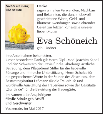 Traueranzeige von Eva Schöneich von WVG - Wochenspiegel Wittenberg
