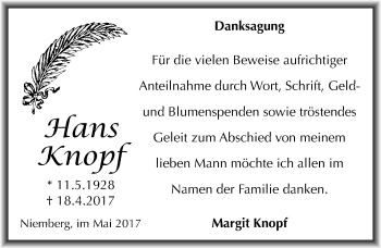 Traueranzeige von Hans Knopf von Mitteldeutsche Zeitung Halle/Saalkreis