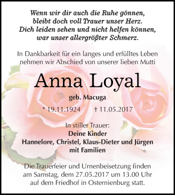 Traueranzeige von Anna Loyal von WVG - Wochenspiegel Dessau / Köthen