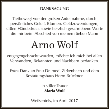 Traueranzeige von Arno Wolf von WVG - Wochenspiegel NMB / WSF / ZTZ