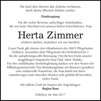 Traueranzeige von Herta Zimmer von Wochenspiegel Mansfelder Land