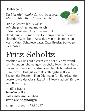 Traueranzeige von Fritz Scholtz von Mitteldeutsche Zeitung Sangerhausen