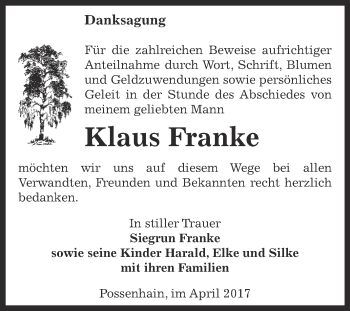 Traueranzeige von Klaus Franke von WVG - Wochenspiegel NMB / WSF / ZTZ