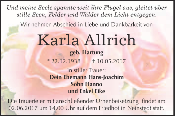 Traueranzeige von Karla Allrich von WVG - Wochenspiegel Quedlinburg