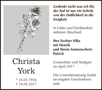 Traueranzeige von Christa York von WVG - Wochenspiegel NMB / WSF / ZTZ