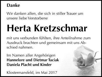Traueranzeige von Herta Kretzschmar von Mitteldeutsche Zeitung Mansfelder Land
