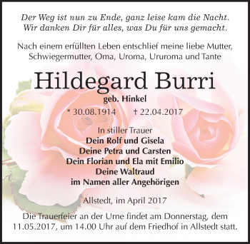 Traueranzeige von Hildegard Burri von Mitteldeutsche Zeitung Sangerhausen