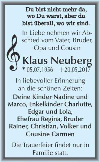 Traueranzeige von Klaus Neuberg von WVG - Wochenspiegel Merseburg