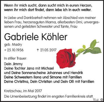 Traueranzeige von Gabriele Köhler von Mitteldeutsche Zeitung Zeitz