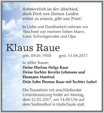 Traueranzeige von Klaus Raue von Mitteldeutsche Zeitung Halle/Saalkreis