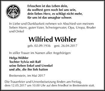 Traueranzeige von Wilfried Wöhler von Mitteldeutsche Zeitung Sangerhausen