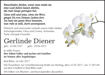 Traueranzeige von Gerlinde Diener von Mitteldeutsche Zeitung Naumburg/Nebra
