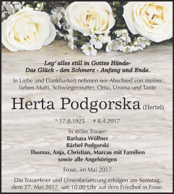 Traueranzeige von Herta Podgorska von Super Sonntag Aschersleben